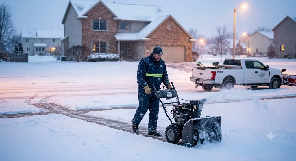 Professional technician operating a snowblower to clear a residential sidewalk early in the morning in Green Bay