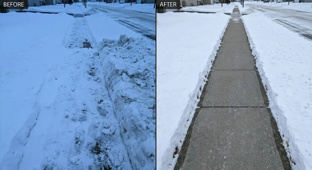 Before and after comparison of a snow-covered residential sidewalk cleared clean in Green Bay