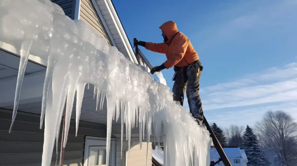 Professional worker removing heavy ice dam and icicles from residential roof eaves in Green Bay WI