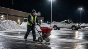 Commercial ice removal Allouez, WI deicing a storefront walkway
