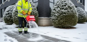 Commercial ice removal Ashwaubenon, WI deicing a storefront walkway