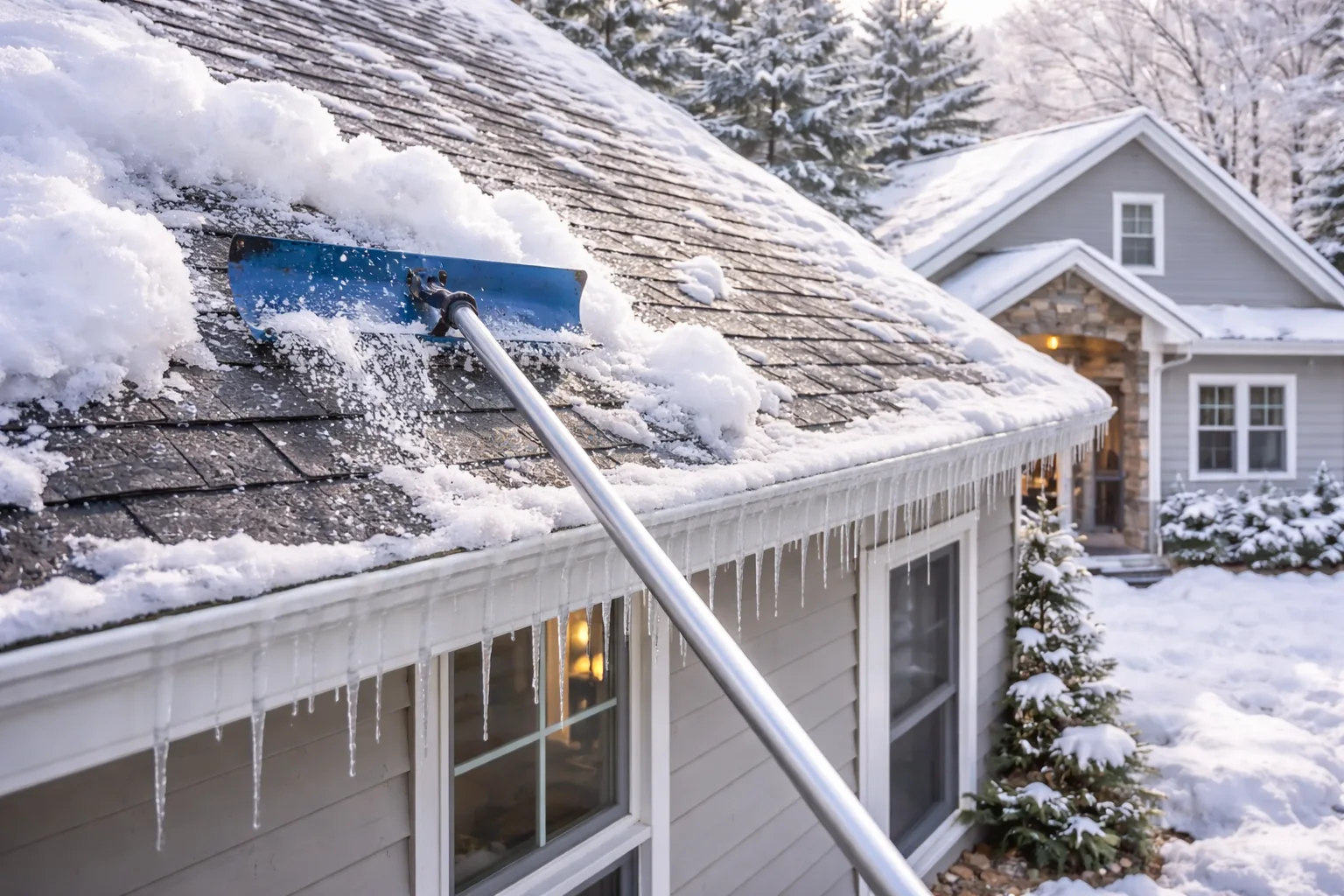 Ice dam removal Howard, WI raking snow from a residential roof